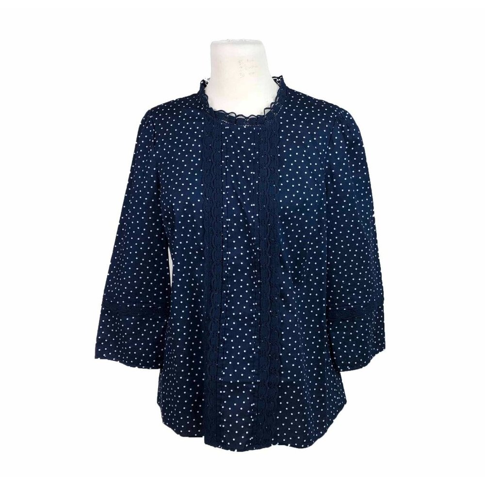 New Boden Size 8 Polkadot Blouse Lace Trim Wide Sleeves Cottagecore French Girl